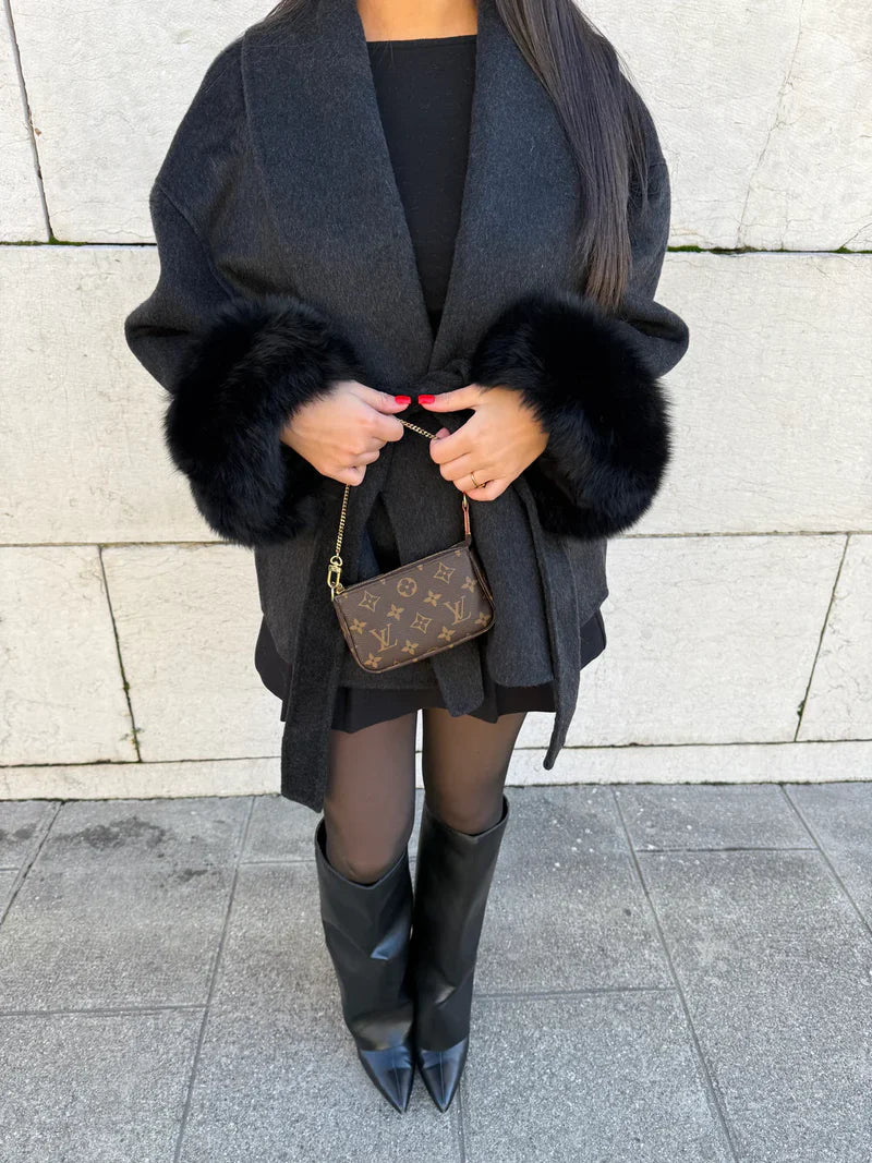 Women's Fur-Trim Cuff Wool Coat with Wide Shawl Collar and Tie Belt - Black