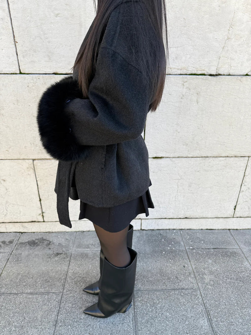Women's Fur-Trim Cuff Wool Coat with Wide Shawl Collar and Tie Belt