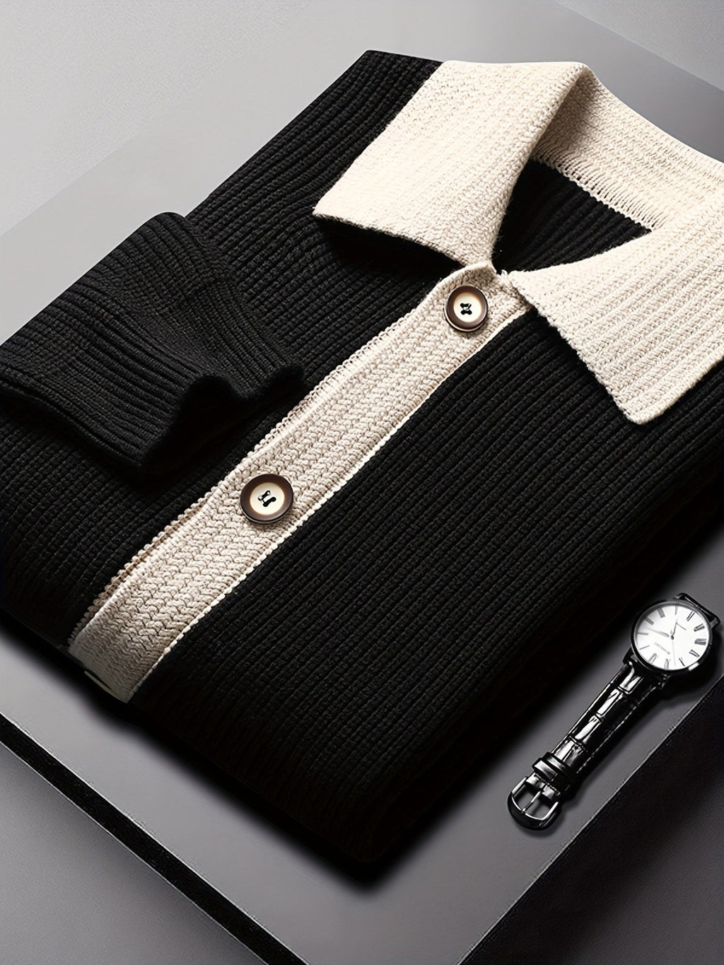 Men's Smart-Casual Rib Cardigan with Pointed Contrast Collar