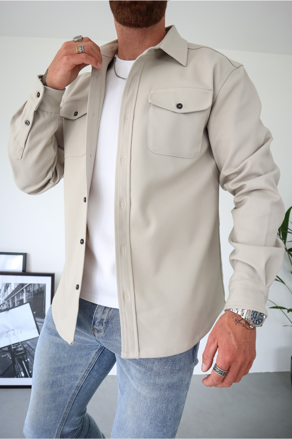 Men's Between-Seasons Shirt Jacket with Button Chest Pockets - Cream