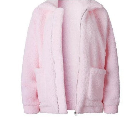 Women's Oversized Borg Zip-Up with Generous Collar and Patch Pockets - Light Pink