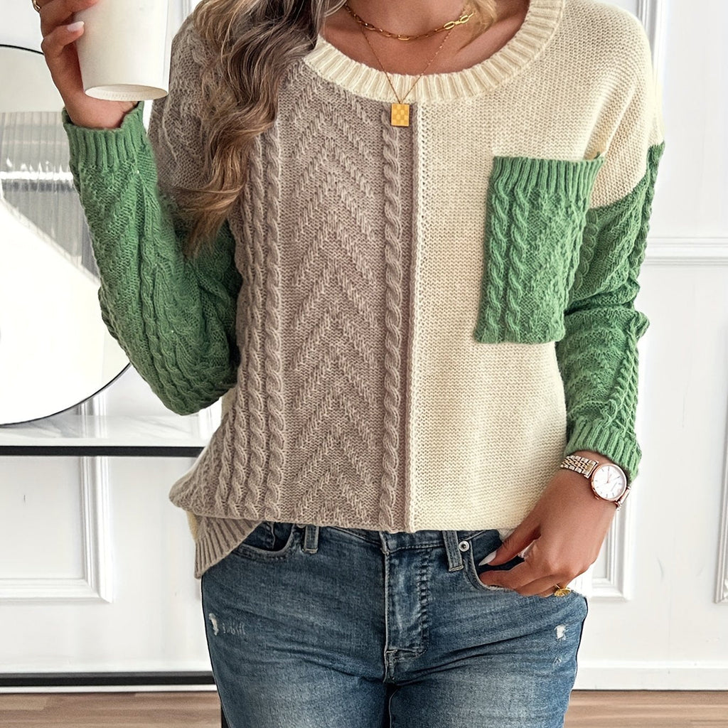 Women's Patch Pocket Cable-Knit Jumper with Two-Tone Panels - Multicolor
