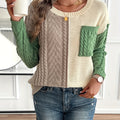 Women's Patch Pocket Cable-Knit Jumper with Two-Tone Panels - Multicolor