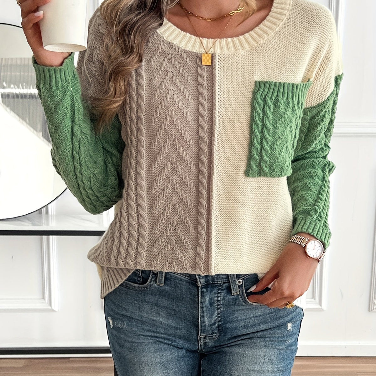 Women's Patch Pocket Cable-Knit Jumper with Two-Tone Panels - Multicolor