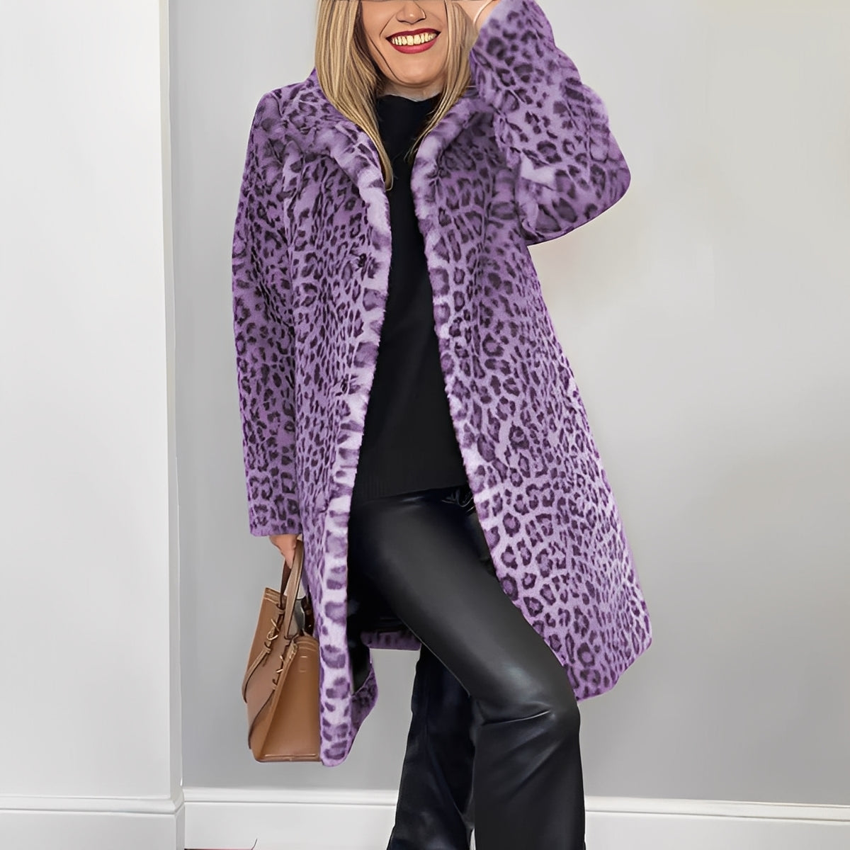 Women's Relaxed Longline Leopard Faux Fur Coat with Full Collar - Purple