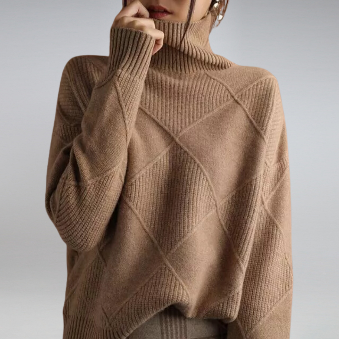 Women's Diamond Motif Roll Neck Jumper in Breathable Wool Blend - Brown