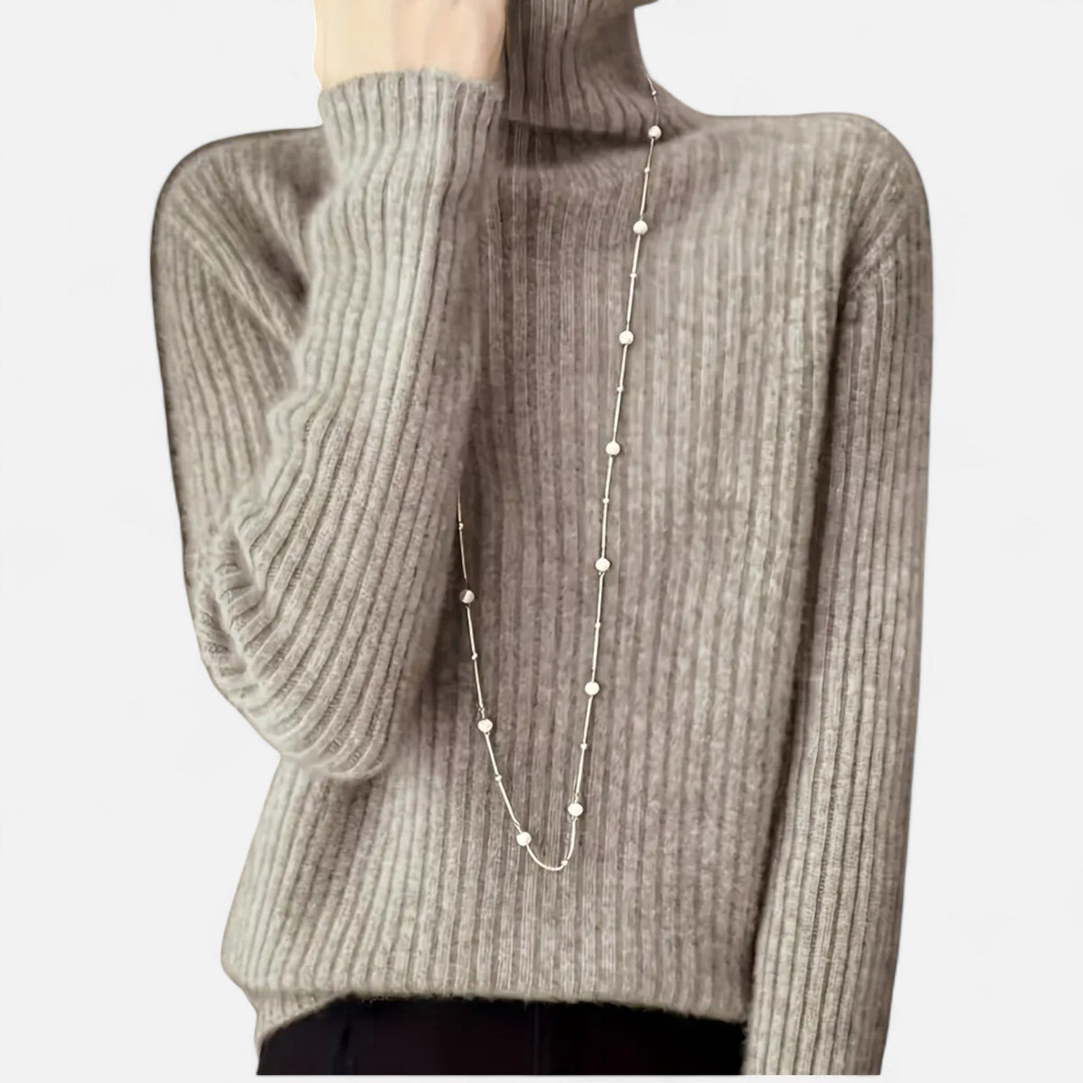 Women's Flared Umbrella-Hem Ribbed Polo Neck Jumper - Light Brown