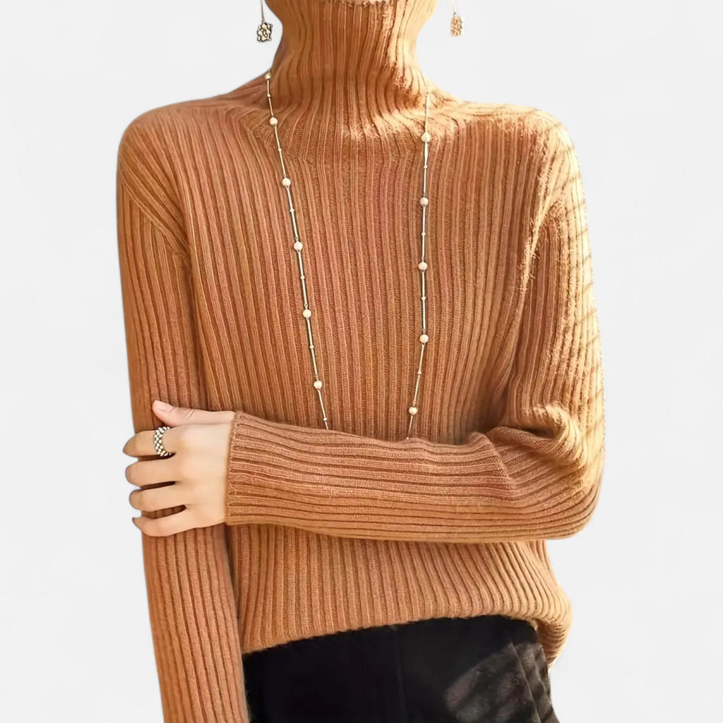 Women's Flared Umbrella-Hem Ribbed Polo Neck Jumper