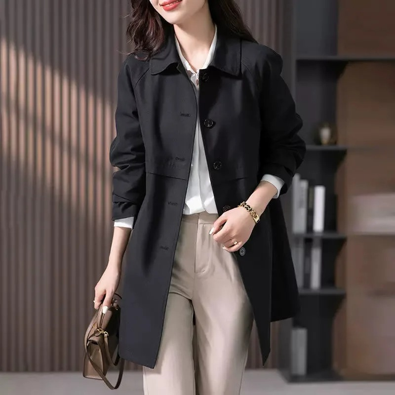Women's Minimal Long Trench with Single-Button Fastening - Black