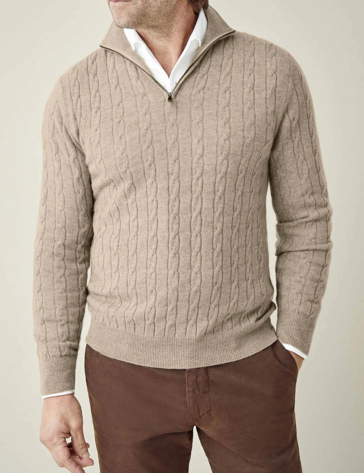 Men's Classic-Fit Half-Zip Cable Knit Pullover - Beige