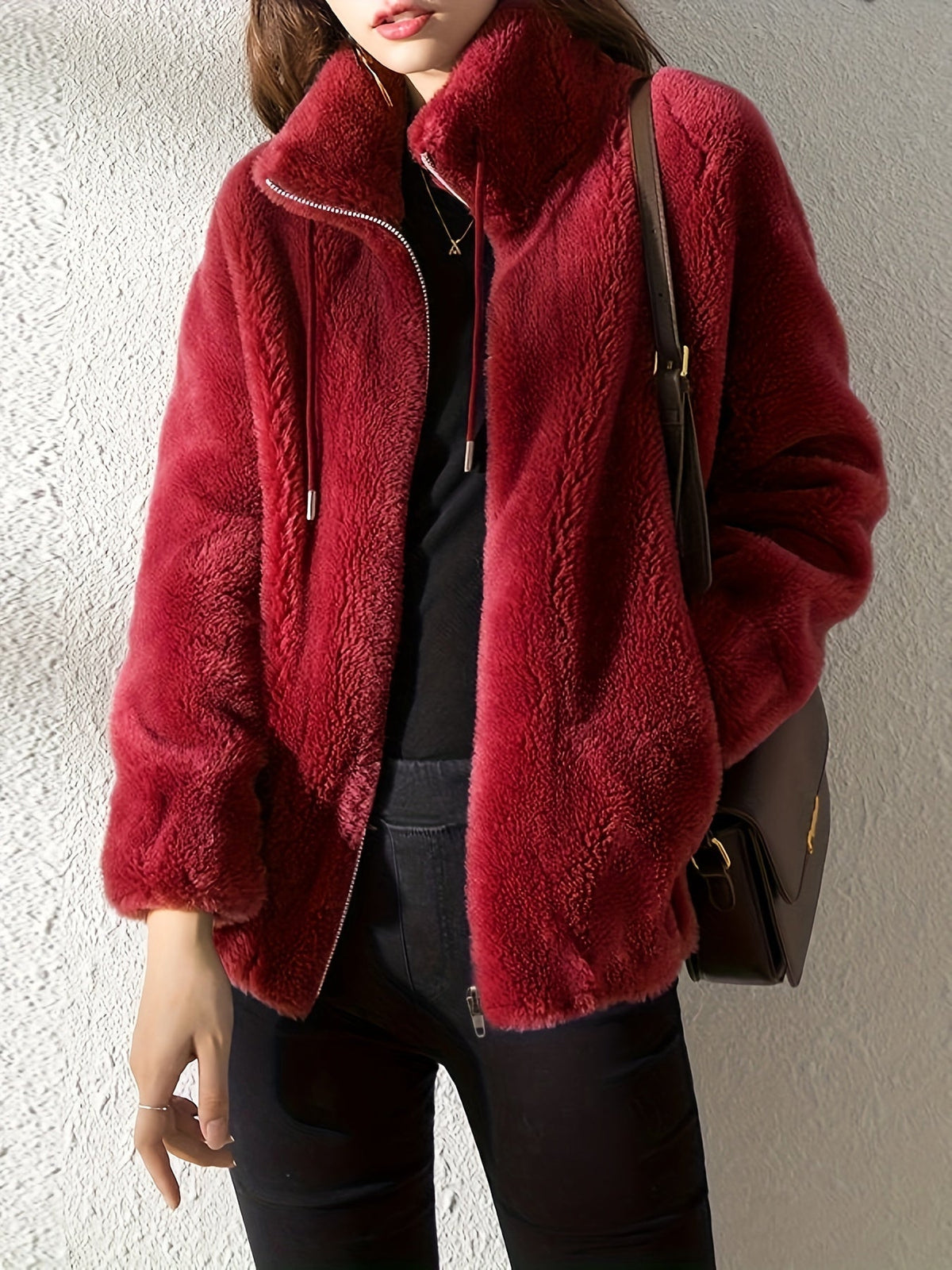 Women's Drawcord-Collar Plush Teddy Jacket in a Regular Fit - Red