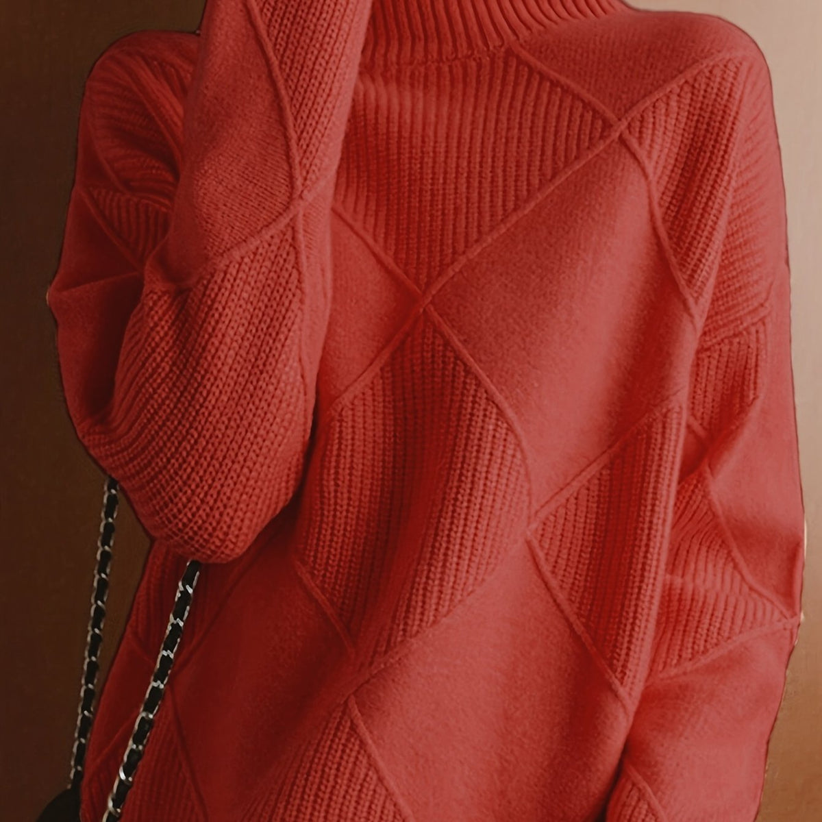 Women's Relaxed High Neck Jumper with Diamond Knit Pattern - Red