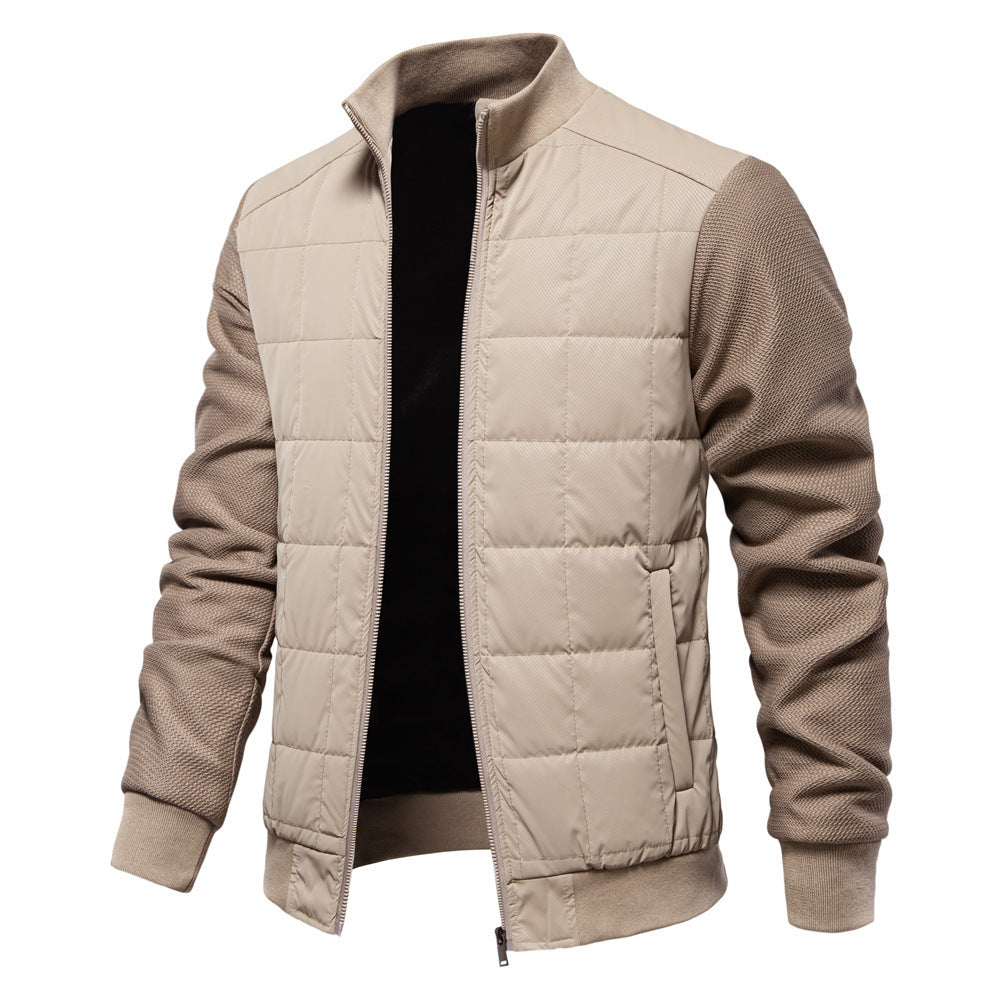 Men's Mid-Season Padded Zip Jacket with Knitted Sleeves - Beige/Taupe