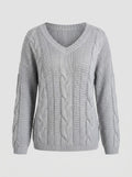 Women's Wide-Neck Cable-Knit Jumper with Ribbed Trims - Light Grey
