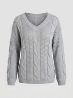 Women's Wide-Neck Cable-Knit Jumper with Ribbed Trims - Light Grey