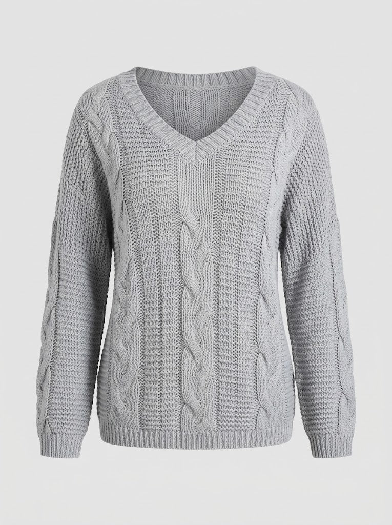 Women's Wide-Neck Cable-Knit Jumper with Ribbed Trims - Light Grey