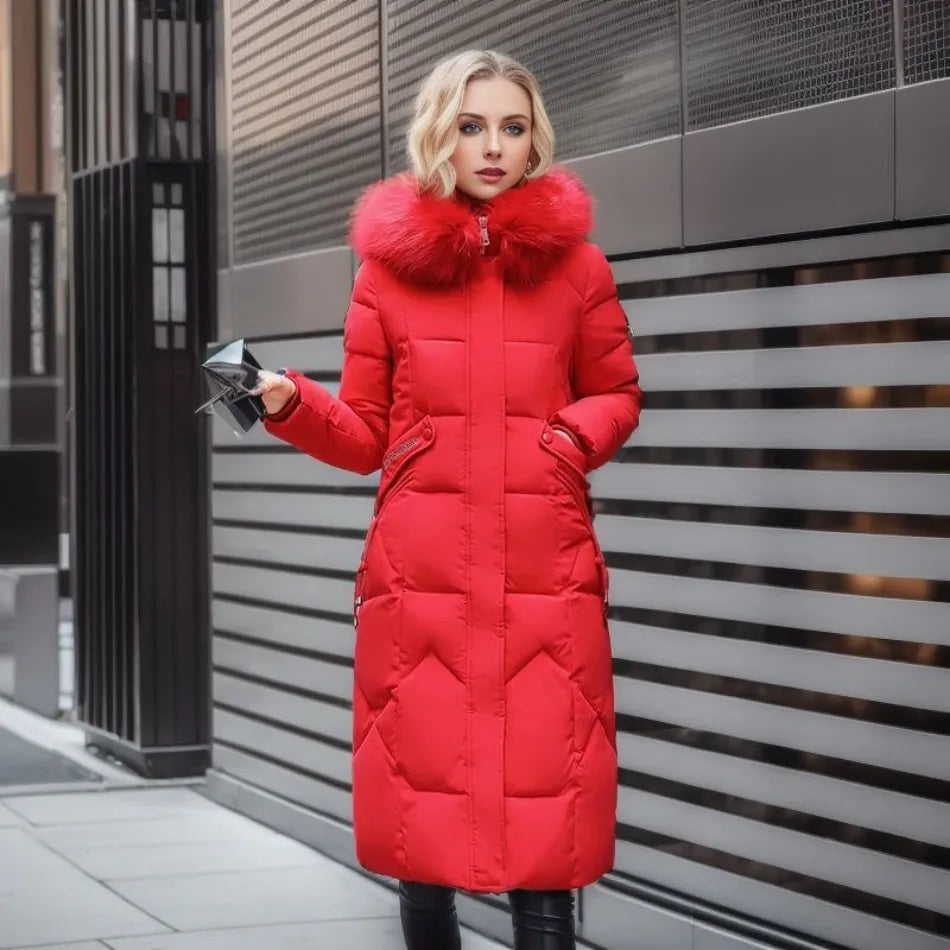 Women's Quilted Maxi Puffer Coat with Fur-Trim Hood and Front Pockets - Red
