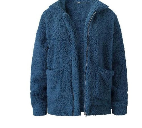 Women's Oversized Borg Zip-Up with Generous Collar and Patch Pockets - Blue