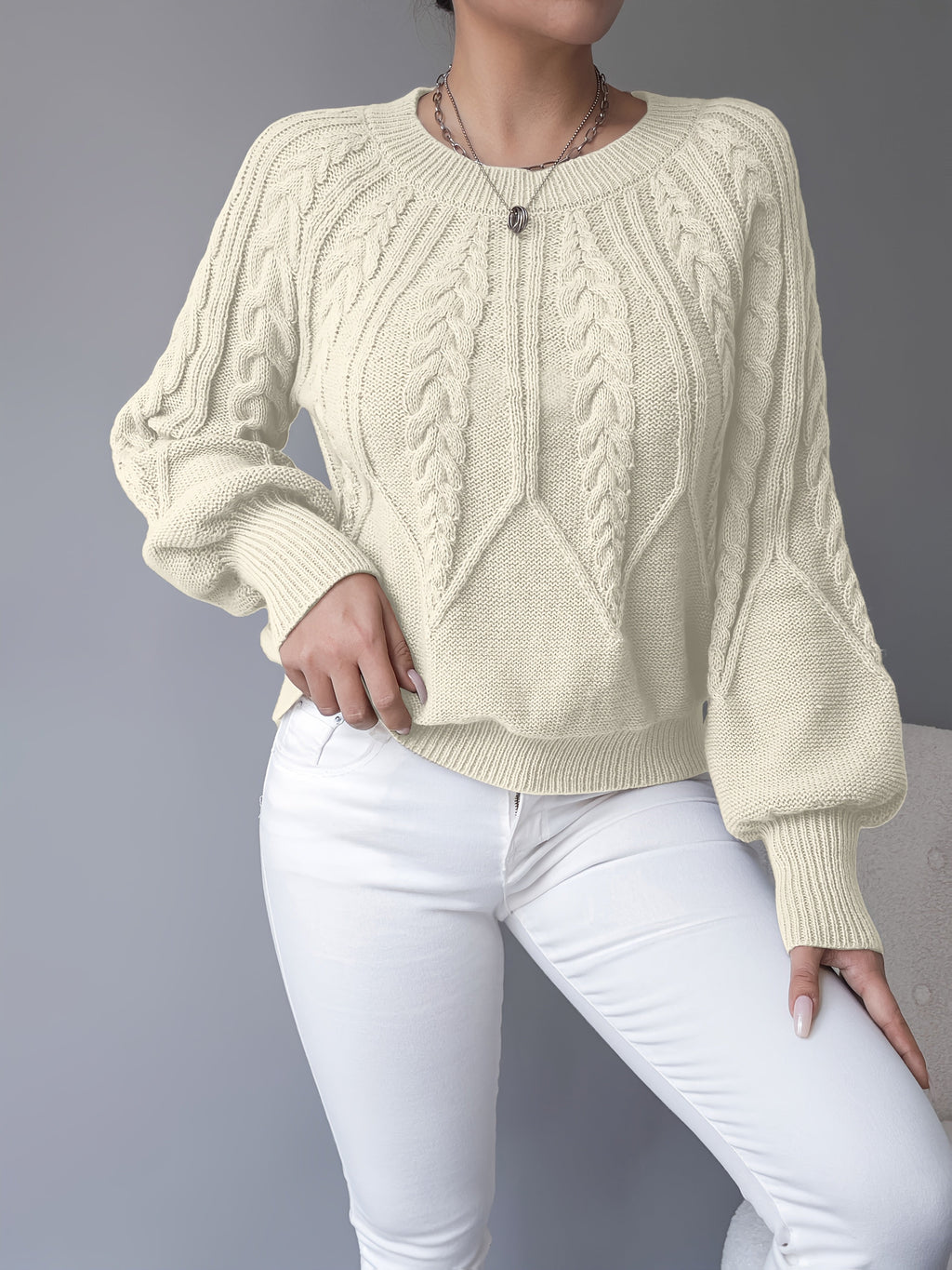 Women's Cable-Knit Jumper with Gathered Lantern Sleeves