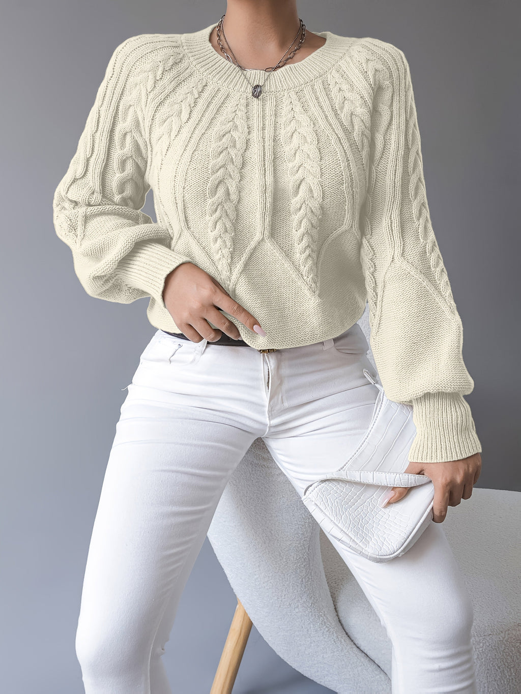 Women's Cable-Knit Jumper with Gathered Lantern Sleeves