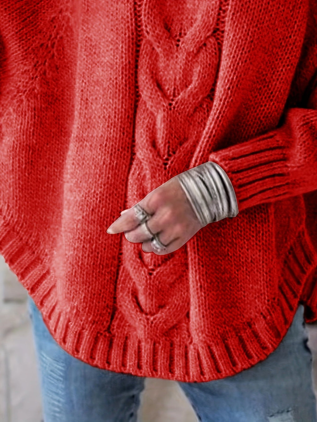 Women's Funnel Neck Thick-Knit Jumper with Cable Stitching