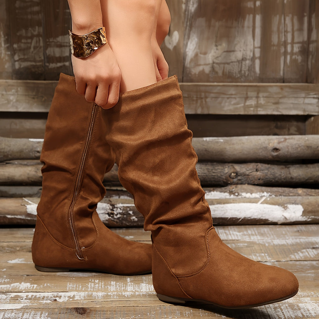 Women's Gathered Low-Heel Boots with Cushioned Footbed and Side Zip