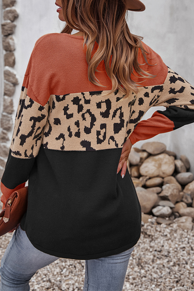 Women's Leopard Middle-Panel Relaxed Jumper with Curved Hip Hem
