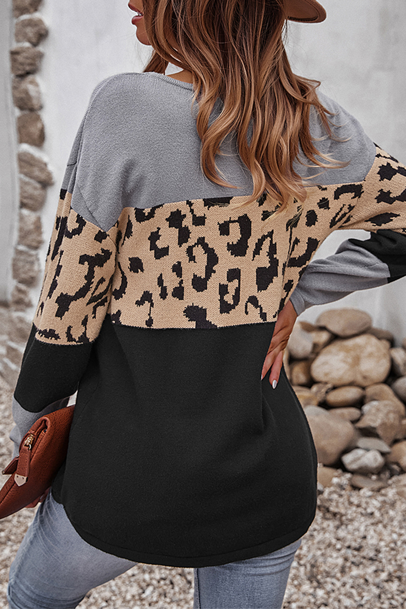 Women's Leopard Middle-Panel Relaxed Jumper with Curved Hip Hem