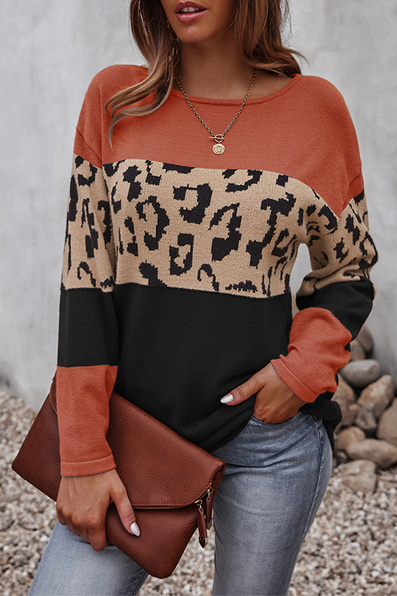 Women's Leopard Middle-Panel Relaxed Jumper with Curved Hip Hem - Orange