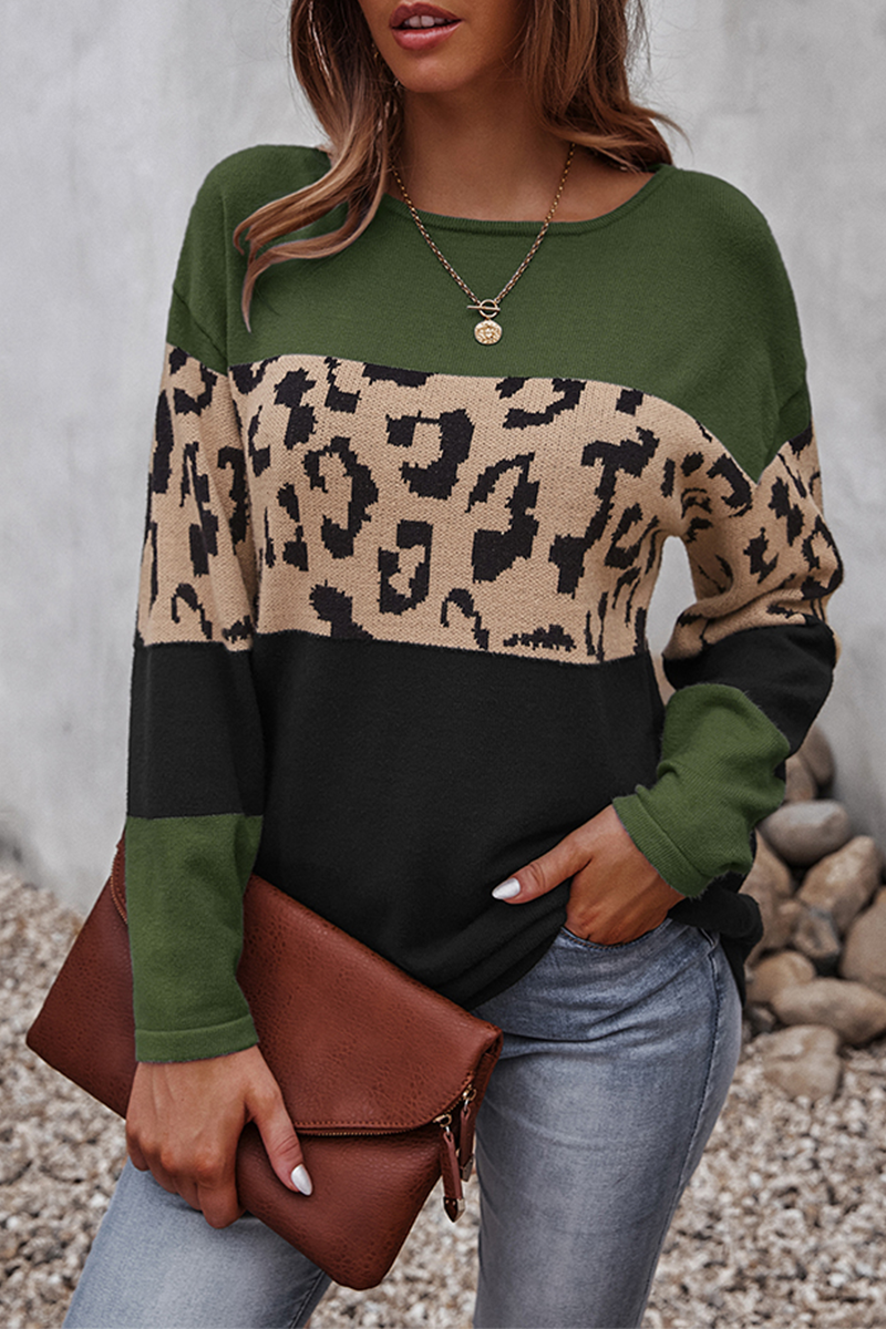 Women's Leopard Middle-Panel Relaxed Jumper with Curved Hip Hem - Dark Green
