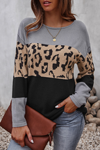 Women's Leopard Middle-Panel Relaxed Jumper with Curved Hip Hem - Grey
