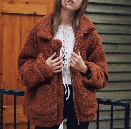 Women's Oversized Borg Zip-Up with Generous Collar and Patch Pockets - Brown