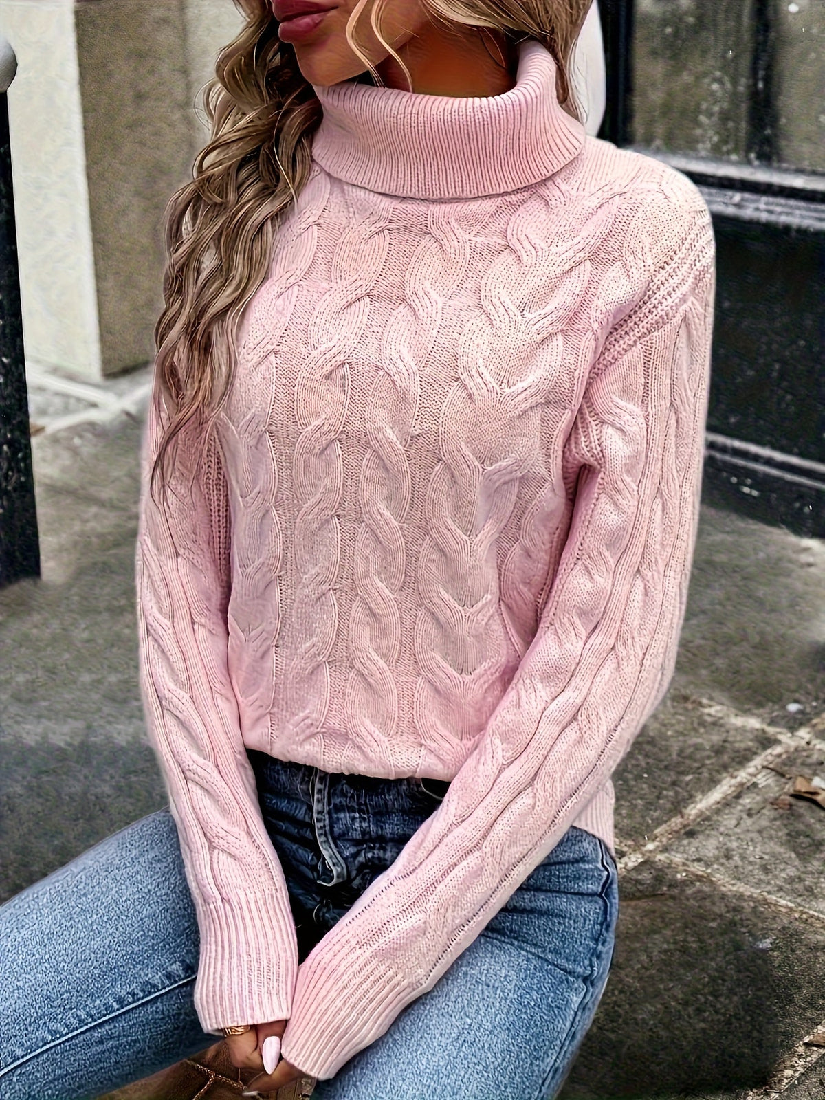 Women's Lightly Shaped Twisted Cable Roll Neck Jumper