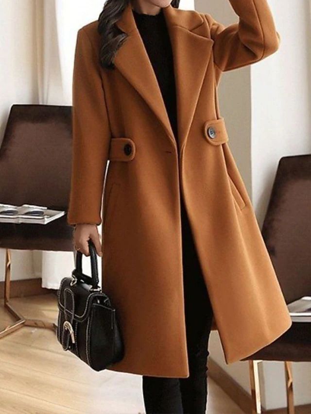 Women's Longline Smart Coat with Cinch Belt and Broad Lapels - Brown