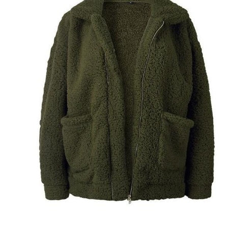 Women's Oversized Borg Zip-Up with Generous Collar and Patch Pockets - Olive Green