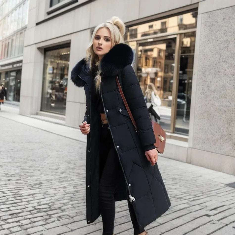 Women's Quilted Maxi Puffer Coat with Fur-Trim Hood and Front Pockets - Black