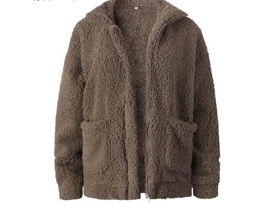 Women's Oversized Borg Zip-Up with Generous Collar and Patch Pockets - Taupe