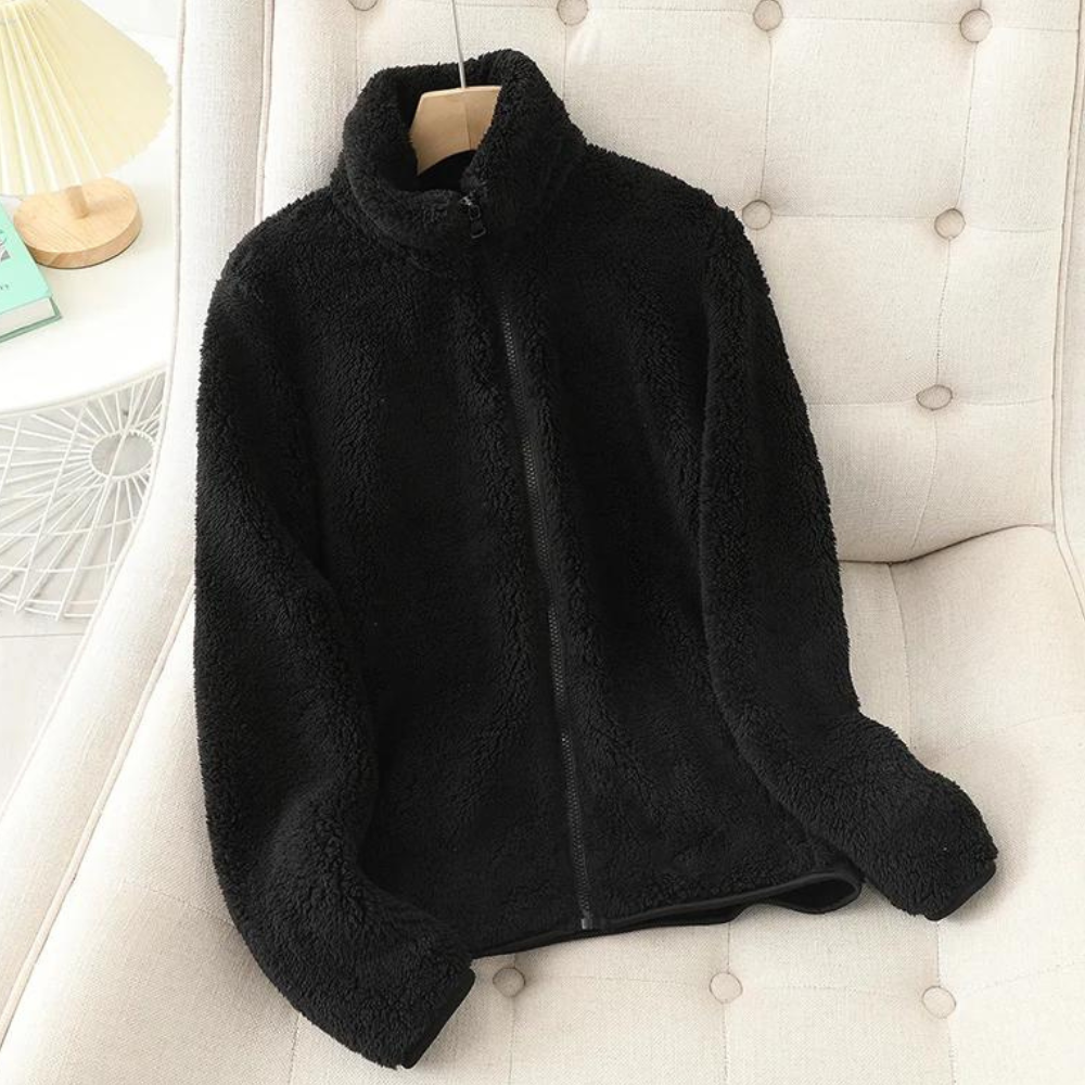 Women's All-Over Plush Fleece Jacket with Full Front Zip - Black