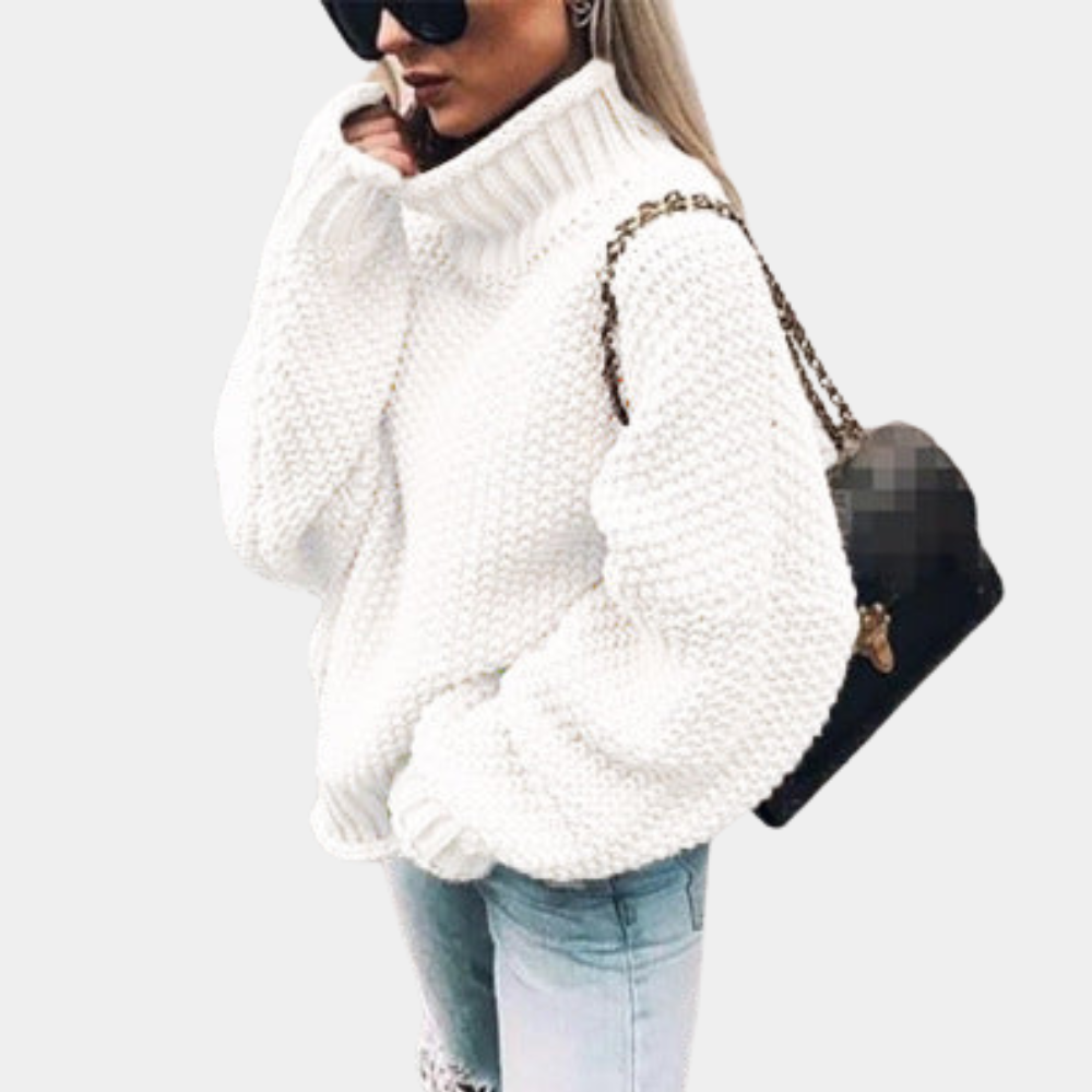 Women's Thick Textured Knit Oversized High-Neck Jumper - White