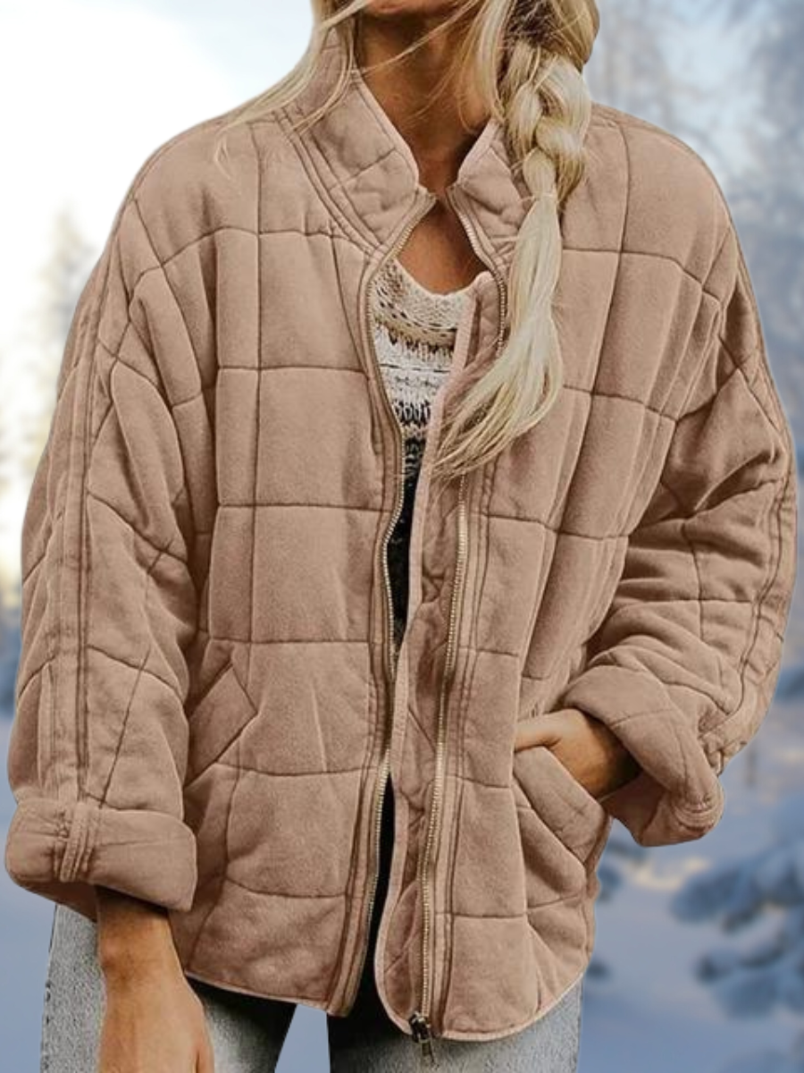 Women's Geometric-Stitch Padded Puffer with High Collar - Taupe