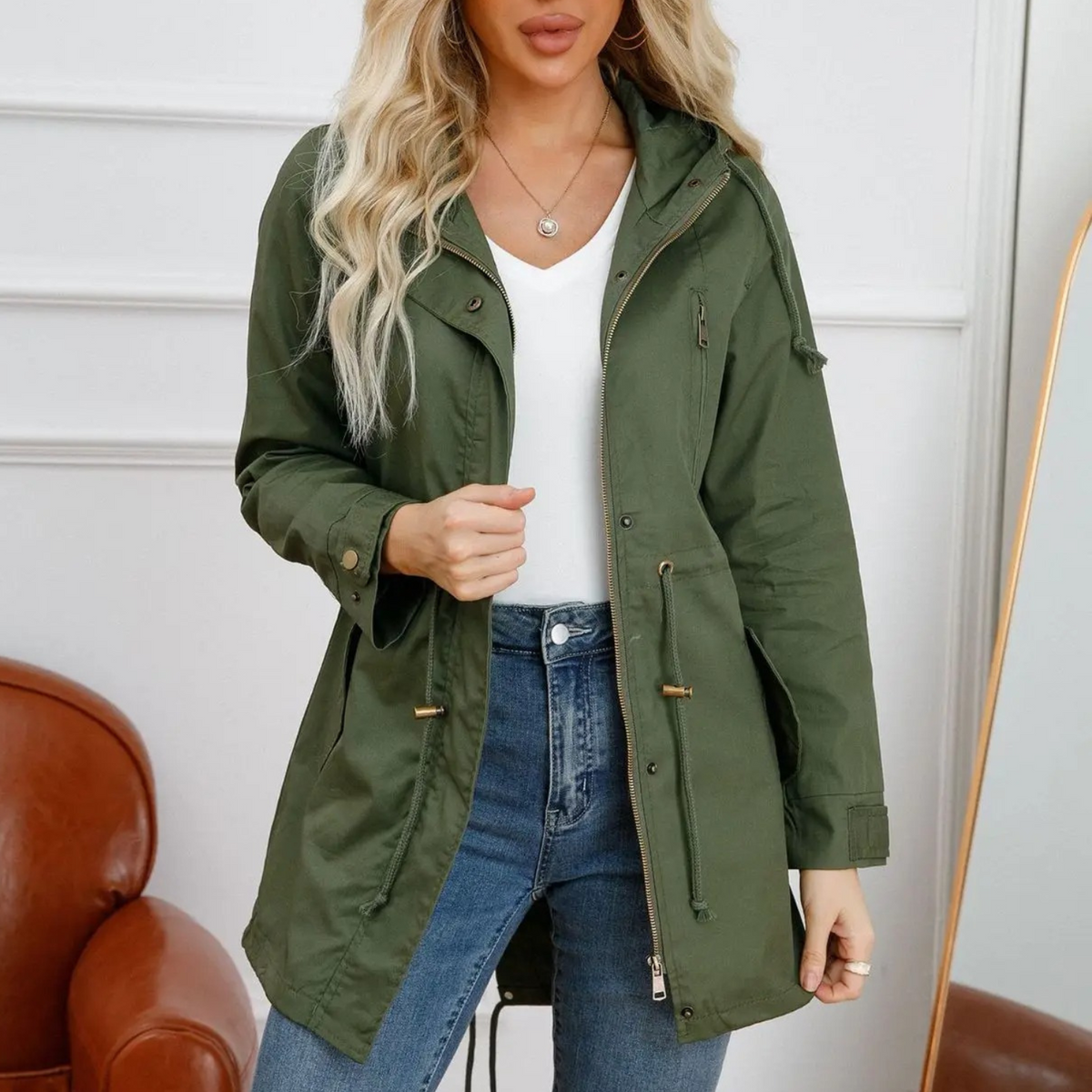 Women's Mid-Length Drawstring Utility Jacket with Integrated Hood - Olive Green