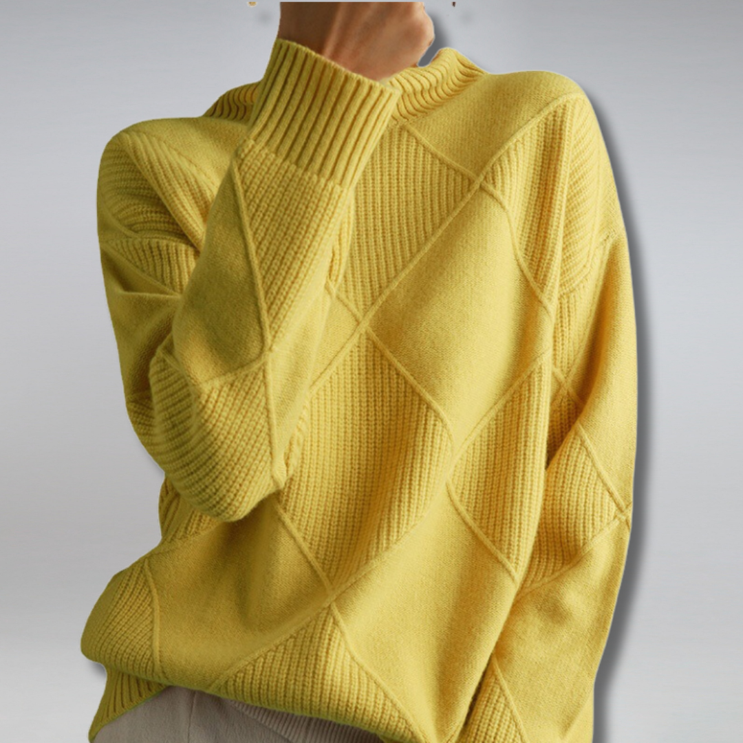 Women's Diamond Motif Roll Neck Jumper in Breathable Wool Blend - Yellow