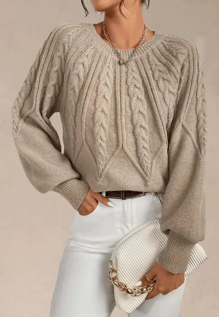 Women's Relaxed Cable-Knit Jumper with Balloon Sleeves - Beige