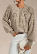 Women's Relaxed Cable-Knit Jumper with Balloon Sleeves - Beige