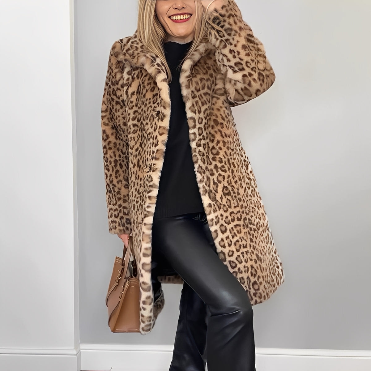 Women's Relaxed Longline Leopard Faux Fur Coat with Full Collar - Brown