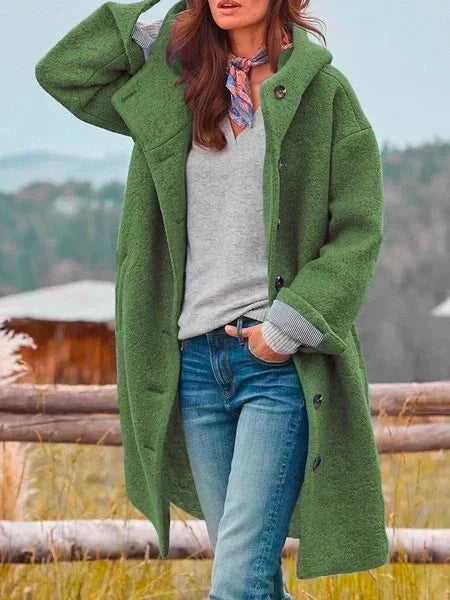 Women's Textured Dropped-Shoulder Overcoat with Roomy Sleeves - Olive Green