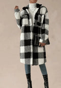 Women's Buttoned Teddy Fleece Coat with Printed Finish and Pockets - Black
