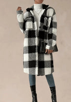 Women's Buttoned Teddy Fleece Coat with Printed Finish and Pockets - Black