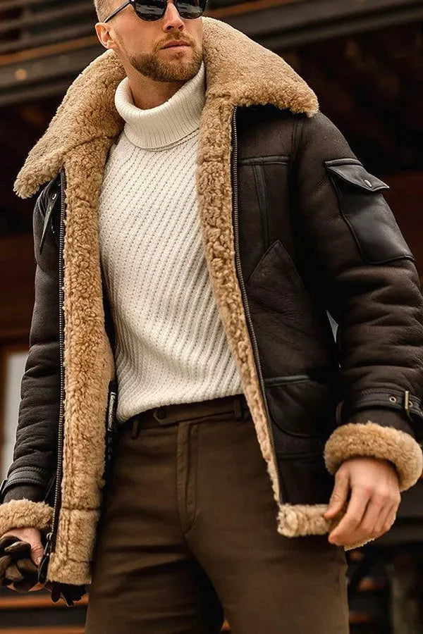 Men's Plush-Lined Aviator Jacket with Oversized Turn-Up Collar - Dark Brown