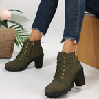 Women's Lace-Front Zip-Side Ankle Boots with Raised Block Heel